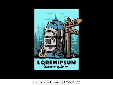 Illustration design of a mountain bag beside the way sign illustration