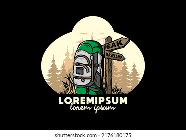 Illustration design of a mountain bag beside the way sign illustration