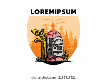 Illustration design of a mountain bag beside the way sign illustration