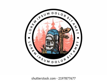 Illustration design of a mountain bag beside the way sign illustration