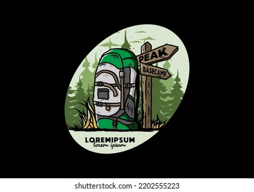 Illustration design of a mountain bag beside the way sign illustration