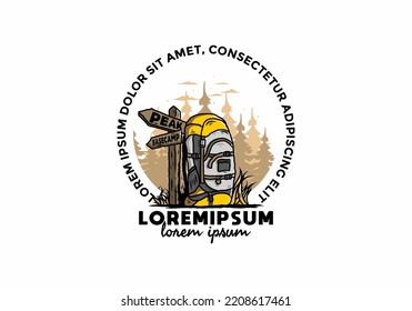 Illustration design of a mountain bag beside the way sign illustration