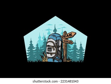 Illustration design of a mountain bag beside the way sign illustration