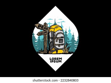 Illustration design of a mountain bag beside the way sign illustration