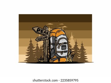 Illustration design of a mountain bag beside the way sign illustration