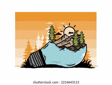 Ilustración del paisaje montañoso en lámpara de bombilla