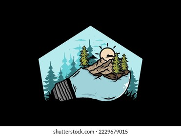 Illustration design of the mountain landscape on bulb lamp