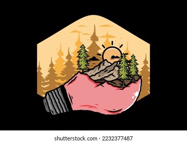 Illustration design of the mountain landscape on bulb lamp