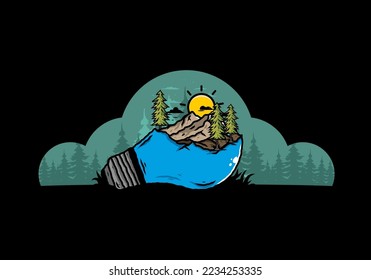 Illustration design of the mountain landscape on bulb lamp