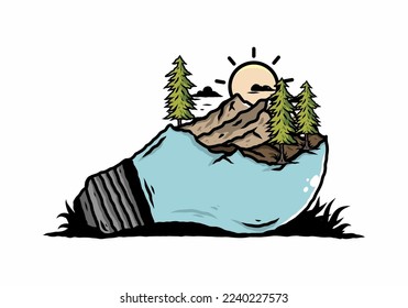 Illustration design of the mountain landscape on bulb lamp