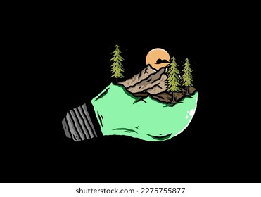 Illustrationsdesign der Berglandschaft auf Glühlampe