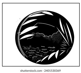 Illustration design of mountain landscape painting clouds river and trees ,white color black background in circle