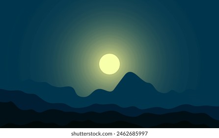 illustration design of mountain views at night with full moonlight