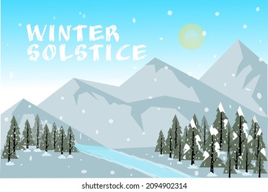 illustration design of mountains and spruce forests during winter, the long-awaited winter solstice, great for banners, templates and posters