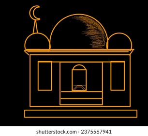Illustration design of mushola building in yellow color with black background