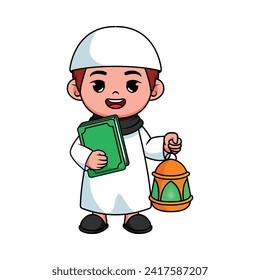 illustration design of a Muslim boy holding a book and lantern