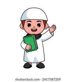 illustration design of a Muslim boy holding a book 