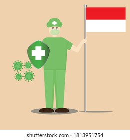 The illustration design of a nurse wearing a mask and holding a flag, can be used for advertisements, posters, stickers, the spirit against corona, etc.