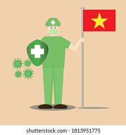 The illustration design of a nurse wearing a mask and holding a flag, can be used for advertisements, posters, stickers, the spirit against corona, etc.