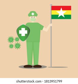 The illustration design of a nurse wearing a mask and holding a flag, can be used for advertisements, posters, stickers, the spirit against corona, etc.