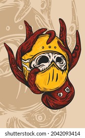 Illustration design of an octopus with its tentacles wrapped around a skull with a yellow helmet