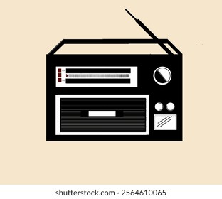 Illustration design of an old retro radio in black color with antenna and handrails