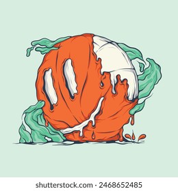 Illustration design of an orange basketball melting to form a smiling face covered in light green smoke around it.