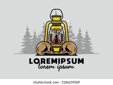 Illustration design of a outdoor lantern with triangle camping tent and two skull