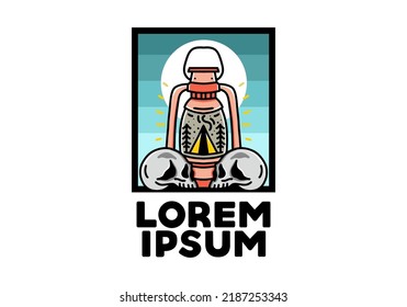 Illustration design of a outdoor lantern with triangle camping tent and two skull