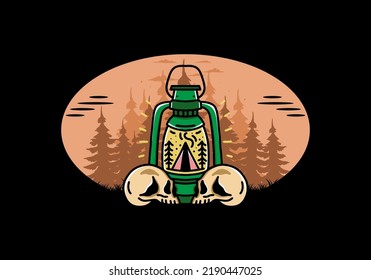 Illustration design of a outdoor lantern with triangle camping tent and two skull