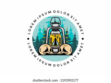 Illustration design of a outdoor lantern with triangle camping tent and two skull