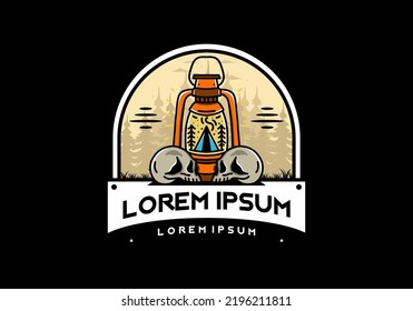 Illustration design of a outdoor lantern with triangle camping tent and two skull