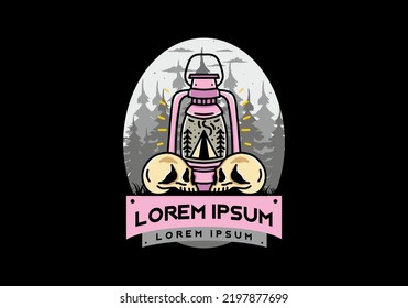 Illustration design of a outdoor lantern with triangle camping tent and two skull
