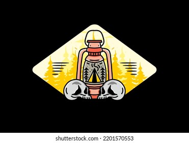 Illustration design of a outdoor lantern with triangle camping tent and two skull