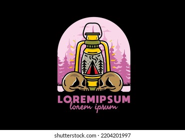 Illustration design of a outdoor lantern with triangle camping tent and two skull