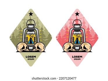 Illustration design of a outdoor lantern with triangle camping tent and two skull