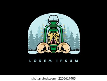 Illustration design of a outdoor lantern with triangle camping tent and two skull