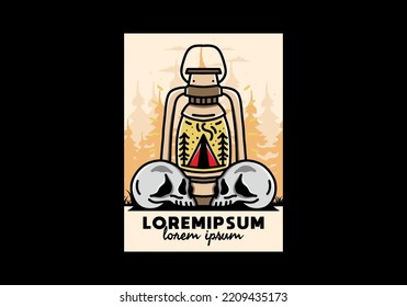 Illustration design of a outdoor lantern with triangle camping tent and two skull