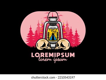 Illustration design of a outdoor lantern with triangle camping tent and two skull