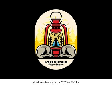 Illustration design of a outdoor lantern with triangle camping tent and two skull