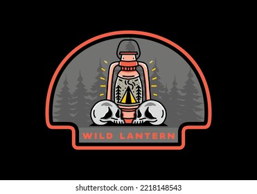 Illustration design of a outdoor lantern with triangle camping tent and two skull