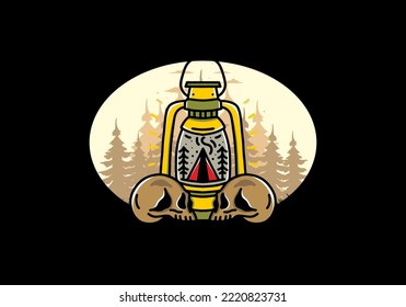 Illustration design of a outdoor lantern with triangle camping tent and two skull