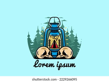 Illustration design of a outdoor lantern with triangle camping tent and two skull