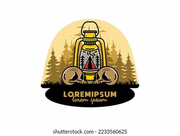 Illustration design of a outdoor lantern with triangle camping tent and two skull