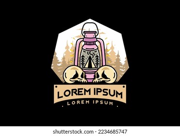 Illustration design of a outdoor lantern with triangle camping tent and two skull
