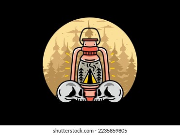 Illustration design of a outdoor lantern with triangle camping tent and two skull