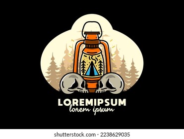 Illustration design of a outdoor lantern with triangle camping tent and two skull
