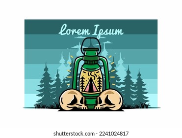 Illustration design of a outdoor lantern with triangle camping tent and two skull