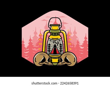 Illustration design of a outdoor lantern with triangle camping tent and two skull