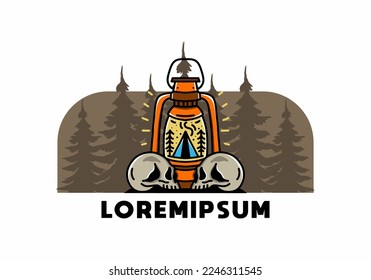Illustration design of a outdoor lantern with triangle camping tent and two skull
